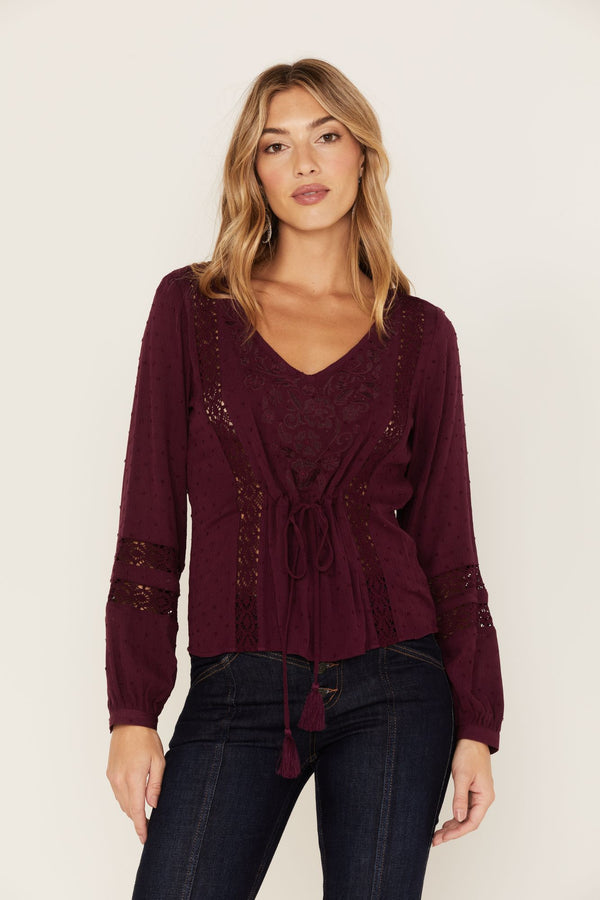 Romance Floral Embroidered Swiss Dot Blouse - Purple