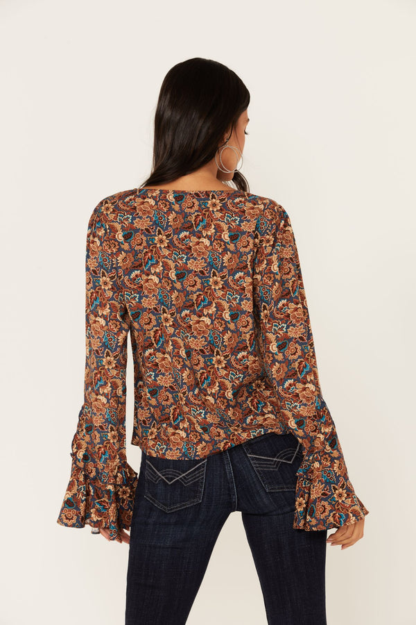 Rouge Paisley Print Lace Up Top - Dark Blue