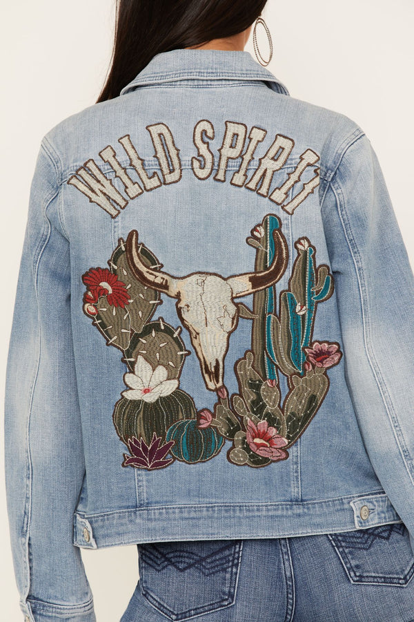 Wild Spirit Light Wash Embroidered Denim Jacket - Medium Wash