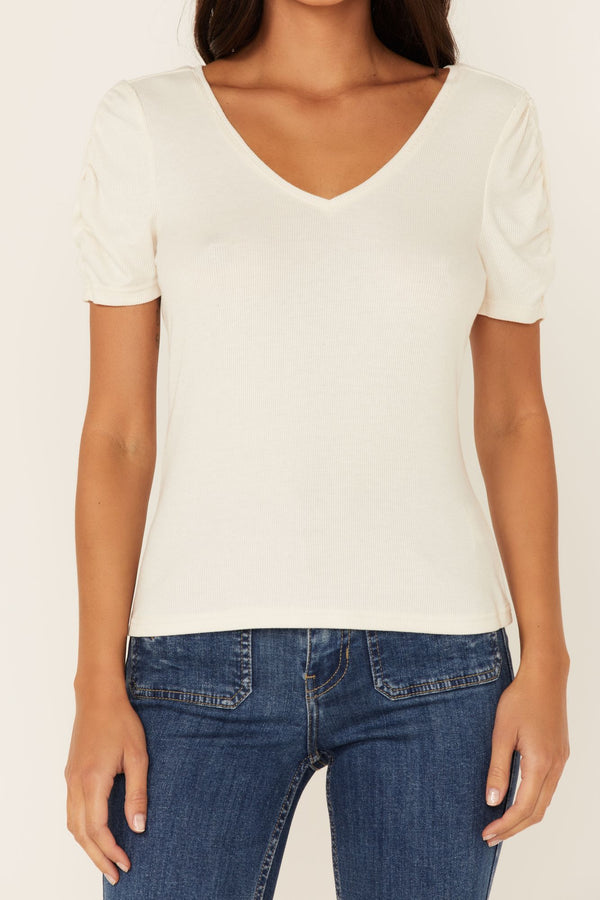 Off White Double V-Neck Days Ruched Sleeve Top - Off White