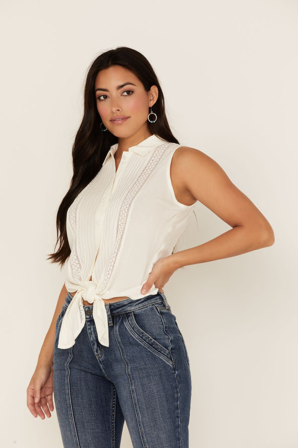 Barewood Button Front Tie Top - White