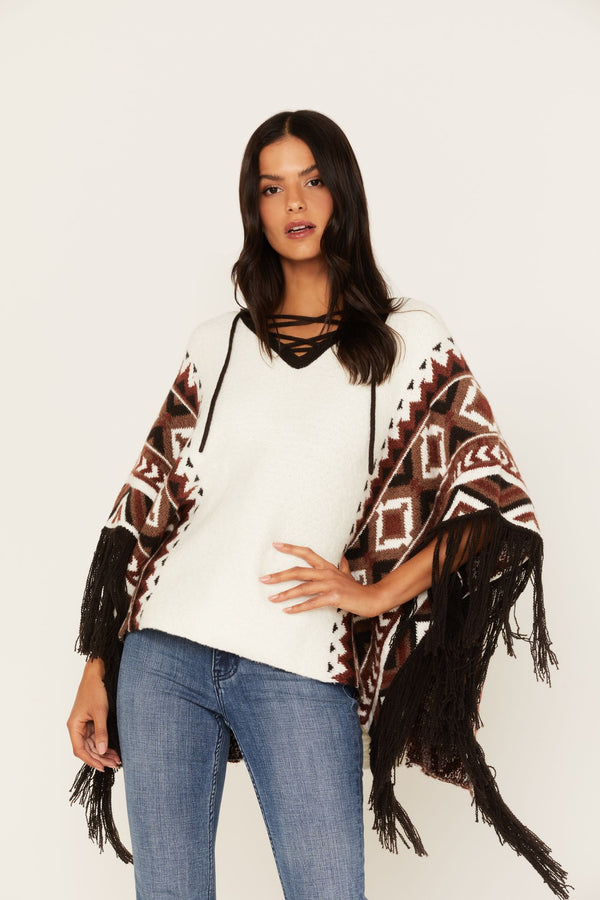 Southwestern Knit Poncho Sweater - Tan